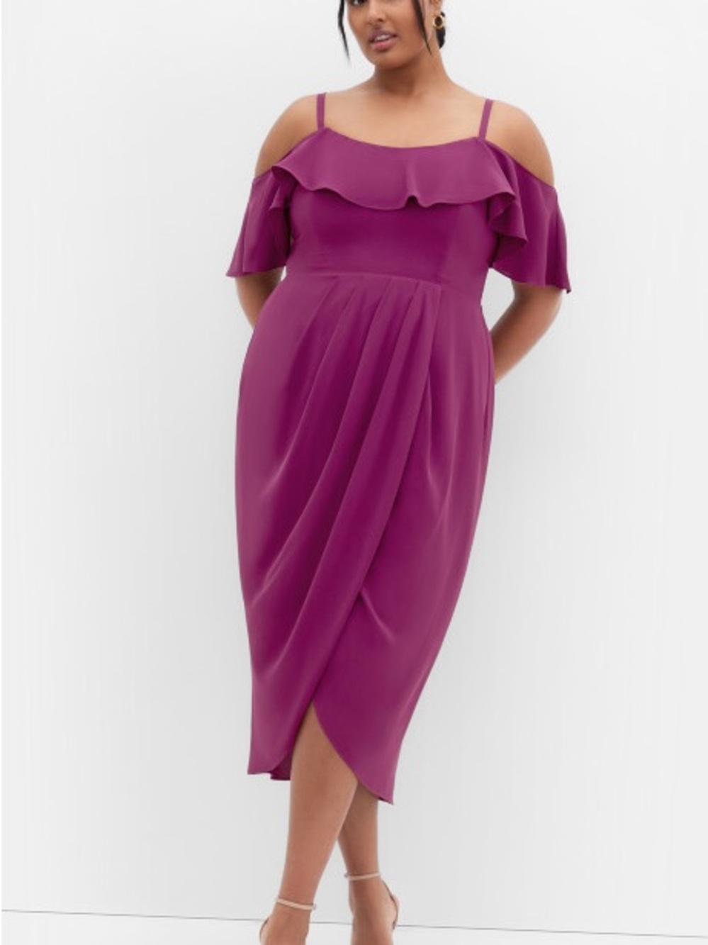 City Chic Berry Cold-Shoulder Ruffle Midi Dress